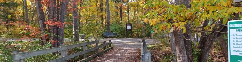 wooden bridge entrance to paved rail trail. Fall colors, yellow and red